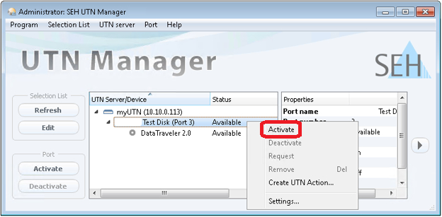 SEH UTN manager — активация USB-устройства