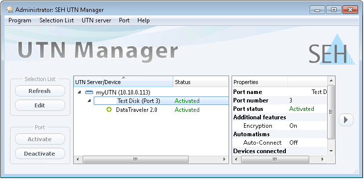 SEH UTN manager — устройство активировано