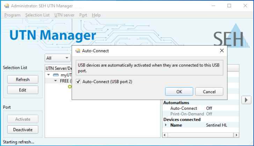 SEH UTN manager — включение автоподключения
