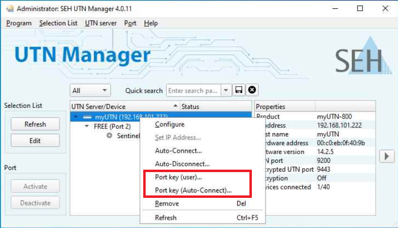 SEH UTN manager — настройка пароля