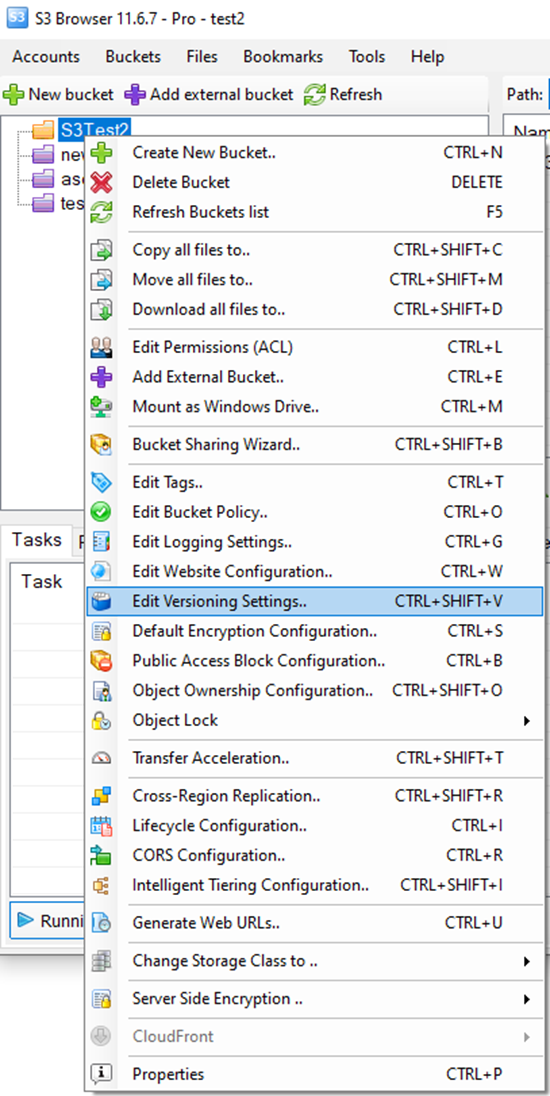 Выбрать корзину, щелкнуть правой кнопкой мыши и выбрать «Edit Versioning Settings»