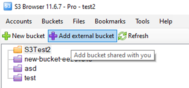 Для работы с подключённой корзиной нажать в верхнем меню Add External Bucket